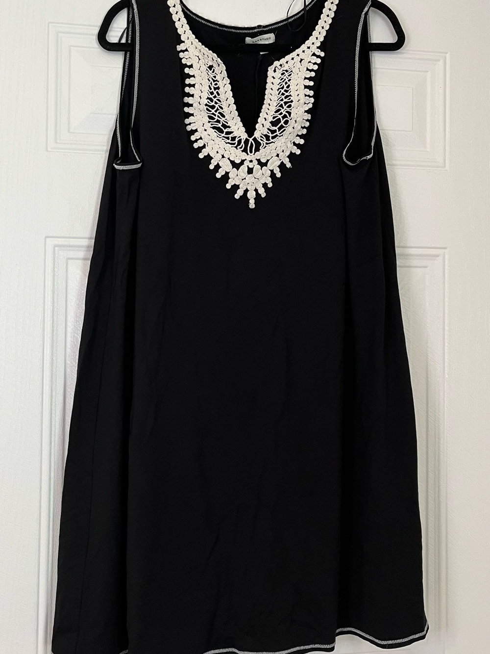 Max Studio Black Dress with White Crochet V-Neck Trim